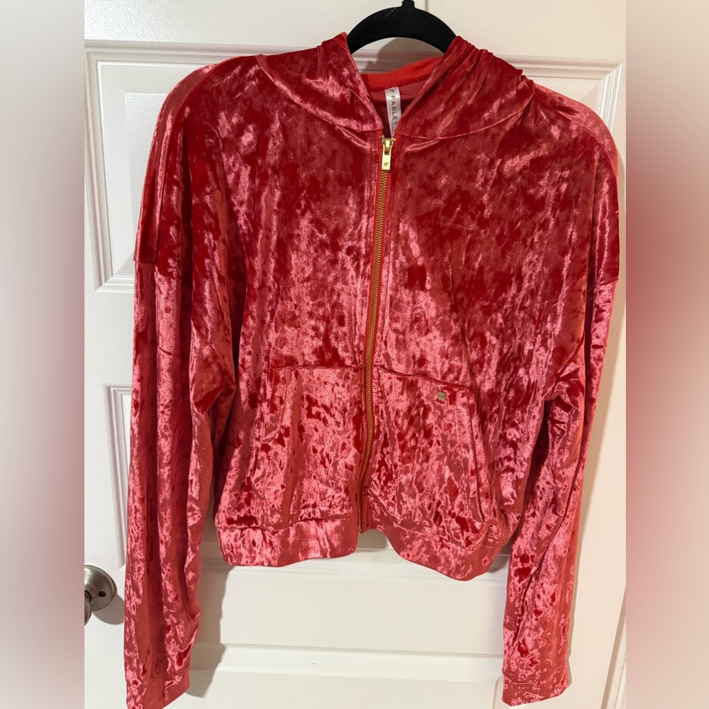 Fabletics Velvet Bomber Jacket in Soft Red